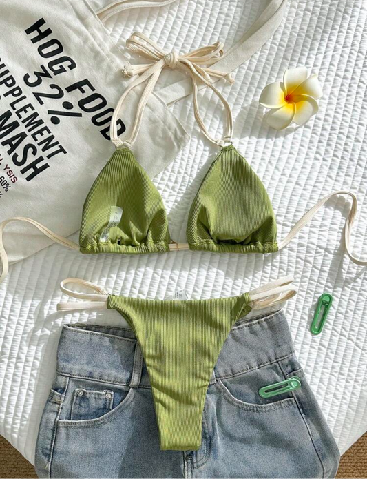 Bikini acanalado bi color con perla