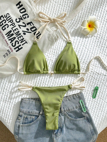 Bikini acanalado bi color con perla