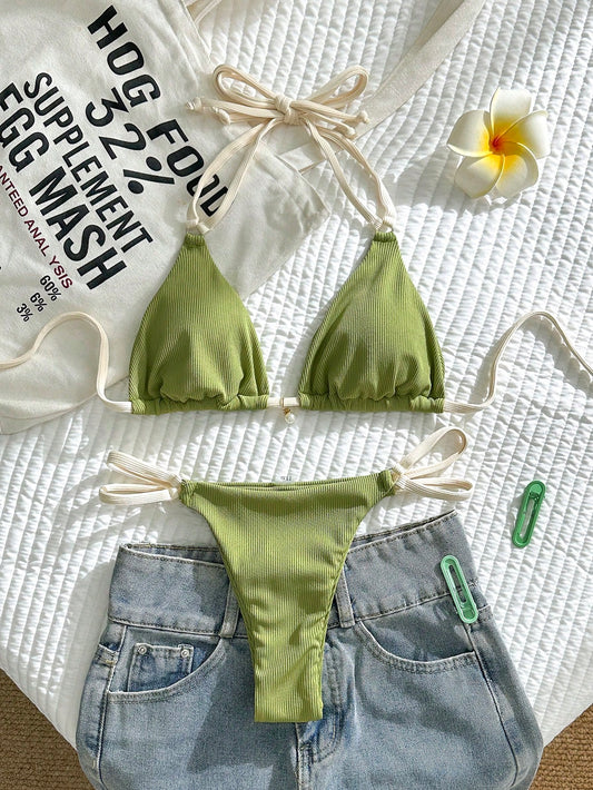 Bikini acanalado bi color con perla