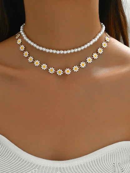 Set de 2 collares perlas y margaritas